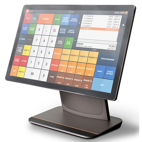 Kassensystem mit Touchscreen und Anzeige der Produkte. Schwarzer Bildschirm mit farbigen Tasten und Produktübersicht. Das Gerät steht auf einem Sockel.