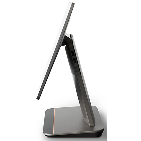 Seitenansicht eines schlanken Monitors, grau mit einem feinen roten Streifen auf dem Standfuß.