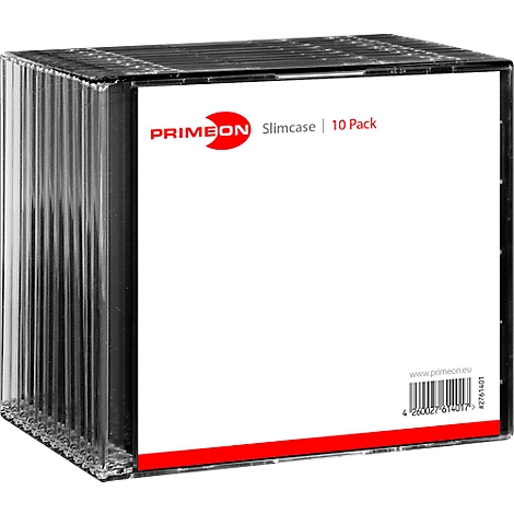 Clear slim case for 10 CDs. White paper: logo, product name and barcode.