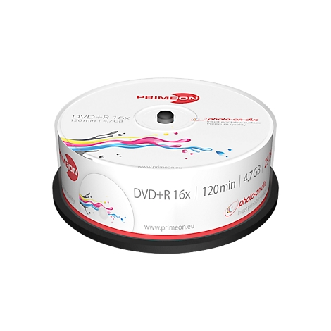 A pack of DVD+R discs. The package is white with lettering and splashes of color.