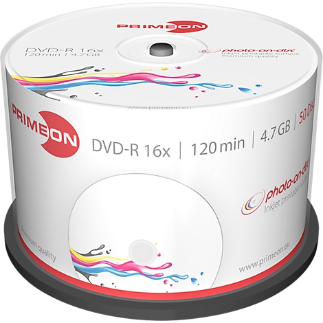 A pack of DVD blanks. White cylindrical packaging with red logo. Inscription: DVD-R 16x, 120 min, 4.7GB. Black holder.