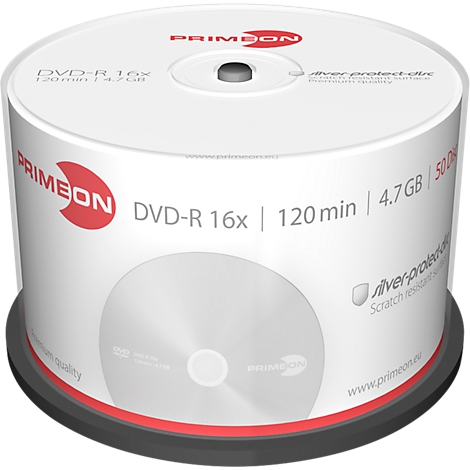 A pack of DVD-Rs. On a white background, a cylindrical pack with the "PRIMEON" logo and texts like "DVD-R 16x" is visible.