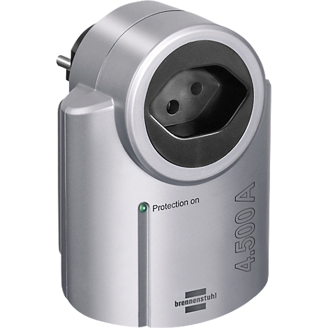 Silver socket adapter with black slot and green indicator. Inscription: 'Protection on' and '4.500 A'.