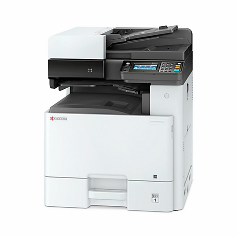 A white and black multi-function printer with control panel, Kyocera logo, and paper output.