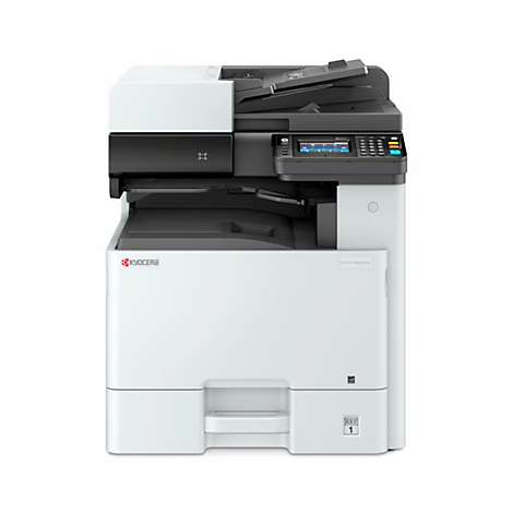 A white and black multifunction printer. The controls are visible, the logo is on the side.