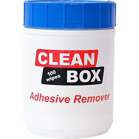 Witte Clean Box met blauw deksel. Opschrift: CLEAN BOX Adhesive Remover, 100 doekjes.