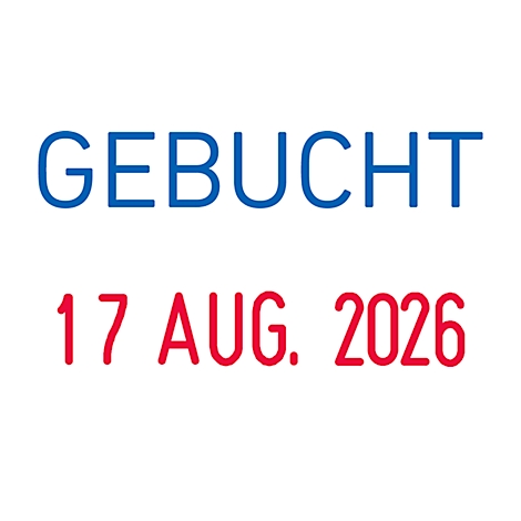 Text: BOOKED, below 17 AUG. 2026. Blue and red on white background.