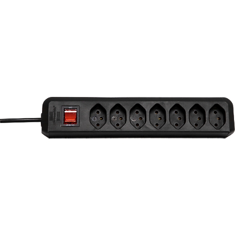 Multiprise noire avec six prises et un interrupteur rouge.