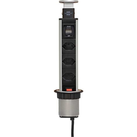 Un bloc multiprise sur colonne avec trois prises, un port USB et un interrupteur.