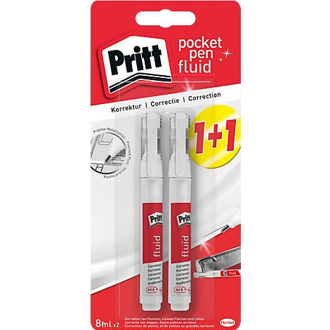 Two Pritt correction pens in a red package with a "1+1" offer.