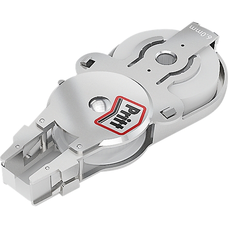 Close-up of a gray Pritt tape; red logo.