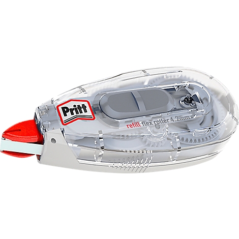 A transparent Pritt flex roller 4.2mm correction roller with a red tip, white tape and gray elements. The lettering 'Pritt' is printed.