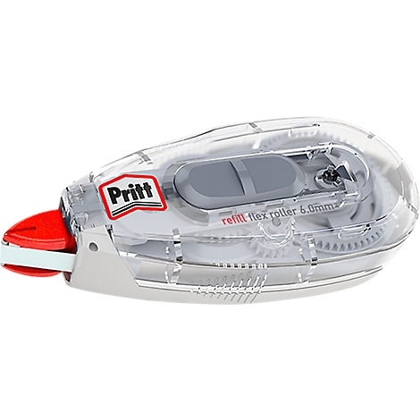A transparent Pritt flex roller 6mm correction roller. Red applicator, grey button, white correction tape.