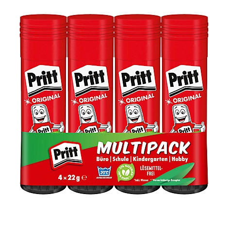Pack of four Pritt glue sticks, red with white logo. "MULTIPACK" and "solvent-free" are on the packaging.
