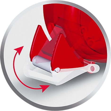 Close-up of red part with white rocker. Rotating arrows indicate the function.