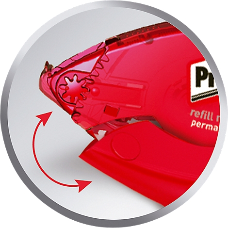 Close-up of a red tape dispenser, cog visible. Arrows indicate direction of movement.