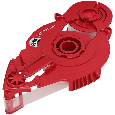 Red glue roller with white adhesive tape. Inscription: Pritt permanent.
