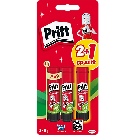 Rode Pritt-verpakking met drie mini lijmstiften en een Pritt-mascotte. Opschrift: "2+1 GRATIS".