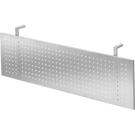 Rectangular, silver perforated plate with two brackets. Many small holes run through the plate.