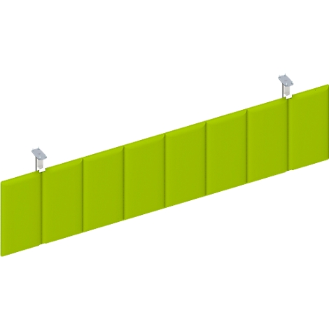 Green wall paneling with suspension, in 3D design. Seven rectangular elements separated by vertical lines.