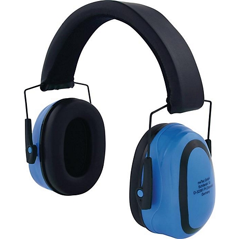 Cache-oreilles bleus avec bandeau et écouteurs noirs. Des détails sont imprimés sur l'écouteur.