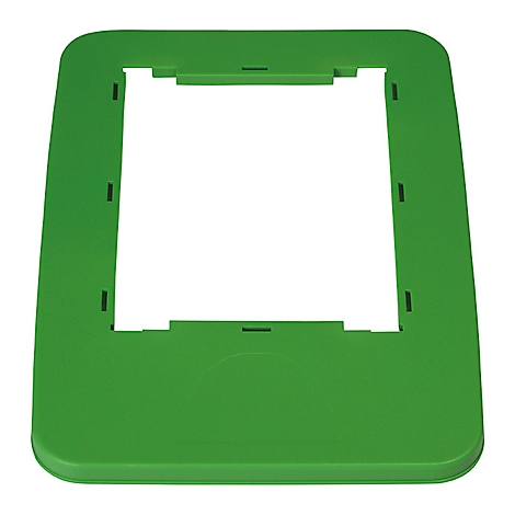 Groen, rechthoekig plastic frame met een vierkant gat in het midden en kleine rechthoekige uitsparingen.
