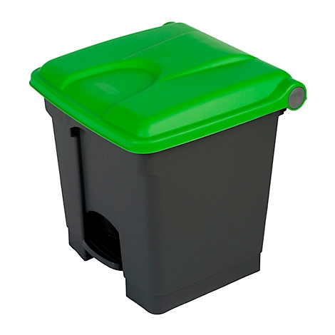 Zwarte vuilnisbak met groen deksel. Het deksel heeft een handvat en een ronde uitsparing.