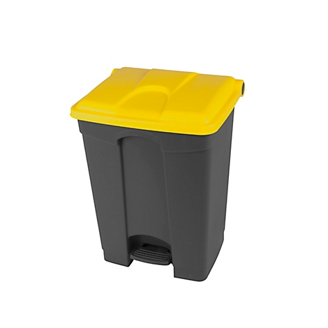 Een zwarte vuilnisbak met een gele deksel. De bak heeft een voetpedaal.