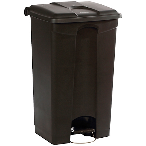 Zwarte prullenbak met deksel en voetpedaal.