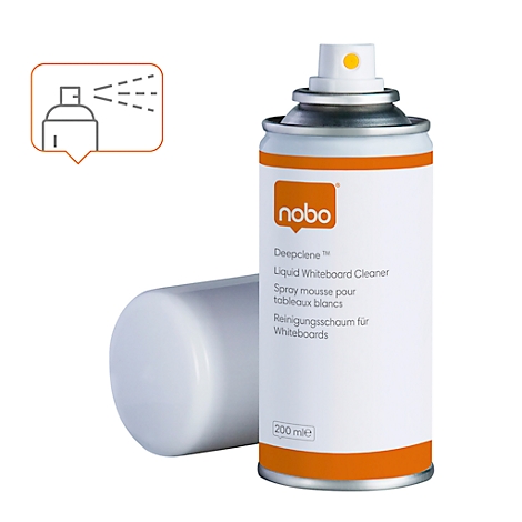 Vaporisateur de nettoyant pour tableau blanc, blanc avec un accent orange. Un symbole montre le principe de pulvérisation. Inscription : nobo, Deepclene, mousse nettoyante.