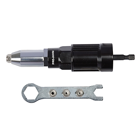 Klinknagelgereedschap met accessoires, bestaande uit een sleutel en bits. Gereedschap met zwarte handgreep, zilveren kop.