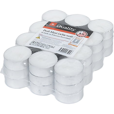 A package of white tea lights. The packaging says "Profi-Maxi-Lichte weiß" and "8 h burning time".
