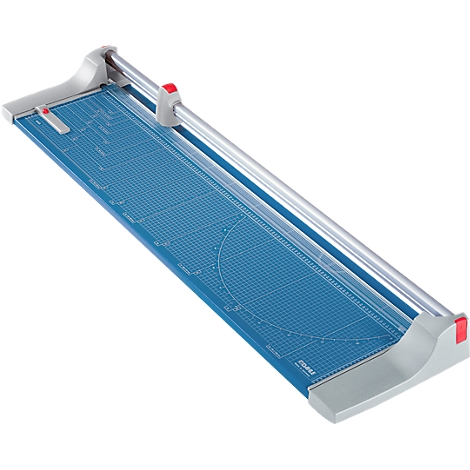 Blue paper cutter running diagonally from lower left to upper right, with silver guide rail and red accents.