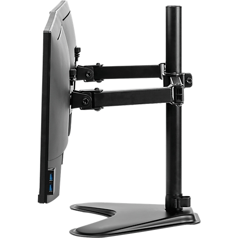 Metal monitor mount, monitor on the left, side view. Black color.
