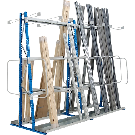 A blue and silver rack filled with wooden and metal poles of different sizes and colors.