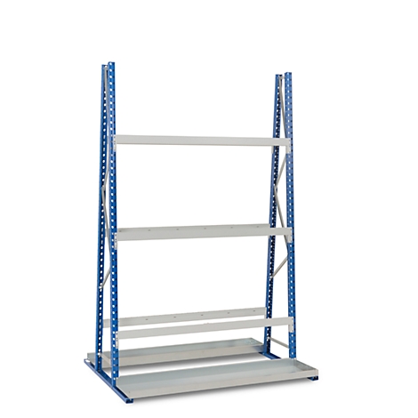 A blue and silver storage rack with several shelves against a white background.