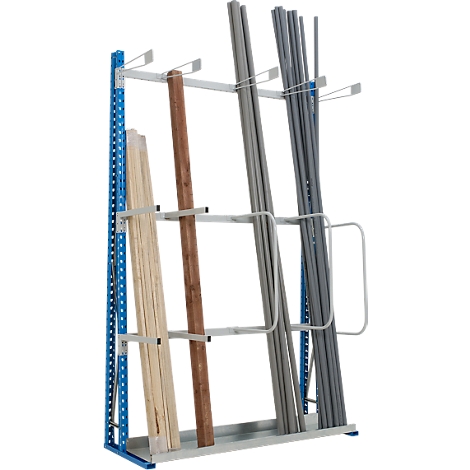A blue metal rack with stored wood and plastic pipes.