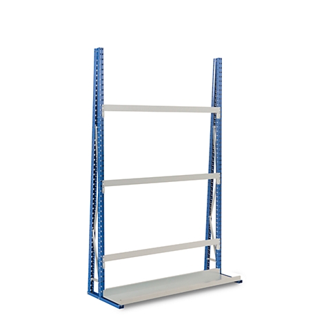 A blue metal shelf with three white shelves against a white background. The shelf has a low base plate.