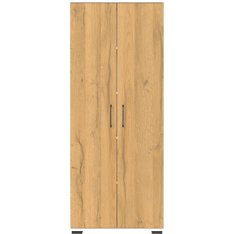 Houten kast met twee deuren en metalen handgrepen. De voorzijde wordt getoond.