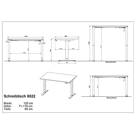 Technische tekening van een bureau 8022 met afmetingen in zwart-wit. Verschillende aanzichten en afmetingen zijn weergegeven.