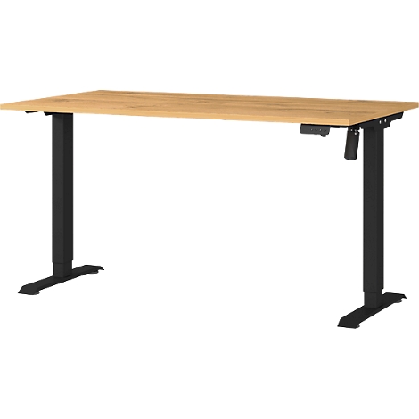 In hoogte verstelbaar bureau met licht houten blad en zwart frame.