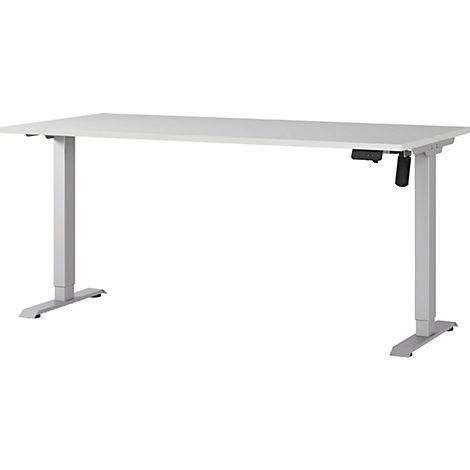 Witte, in hoogte verstelbare bureau tegen een witte achtergrond. Het bureau heeft twee poten en een bediening aan de rechterkant.