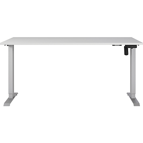 Een witte, in hoogte verstelbare bureau. Het heeft een rechthoekig tafelblad en grijze poten.