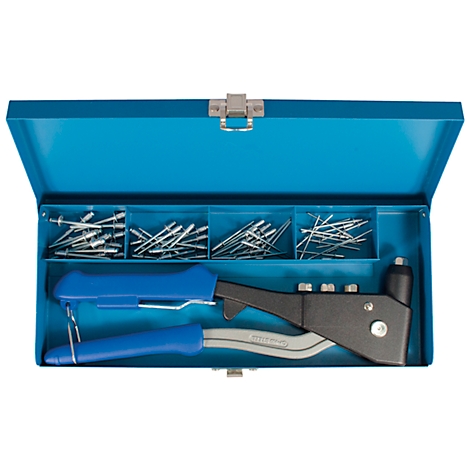 Blue metal toolbox with rivets and rivet pliers.