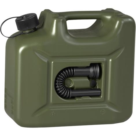 Green canister, with black cap and flexible spout.