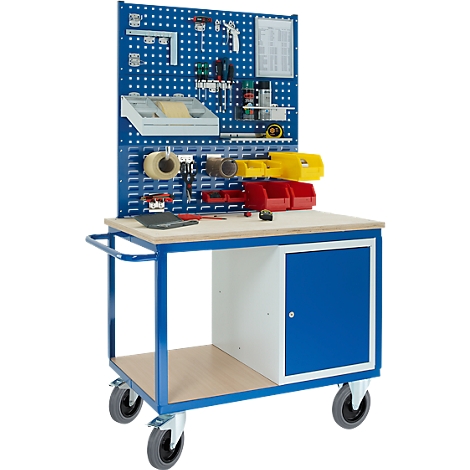 Blue workshop cart with tools. It has a pegboard, a work surface, a cabinet, and tools.