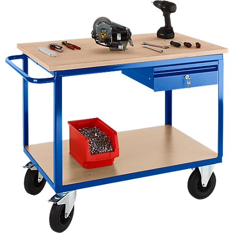 Blue workshop cart with tools and a red bin of screws. Tools are placed on the workbench.