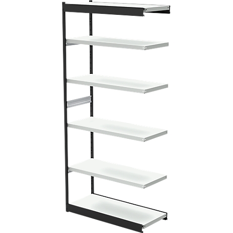 A black wall-mounted shelf with five white shelves. Vertical supports and horizontal bars connect the shelves.
