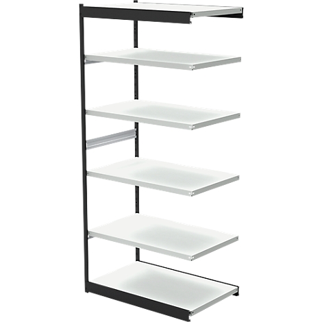 Shelving unit with white shelves, black frame. Multiple levels.