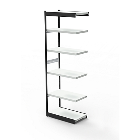 A freestanding wall shelf with five white shelves and a black metal frame.